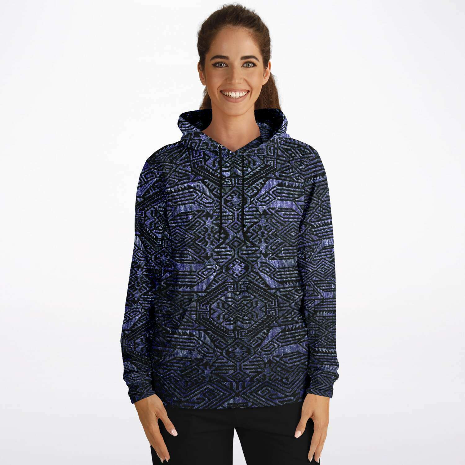 Indonesian-Ikat Inspired Purple Blueberry Violet Pullover Unisex Hoodie, Sacred Geometry Clothing, Trippy Festival Hoodie