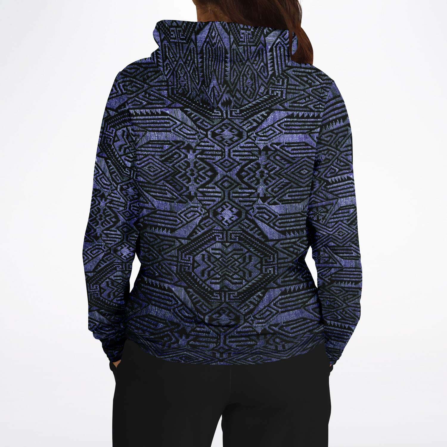 Fashion Hoodie - AOP Indonesian-Ikat Inspired Purple Blueberry Violet Pullover Unisex Hoodie, Sacred Geometry Clothing, Trippy Festival Hoodie