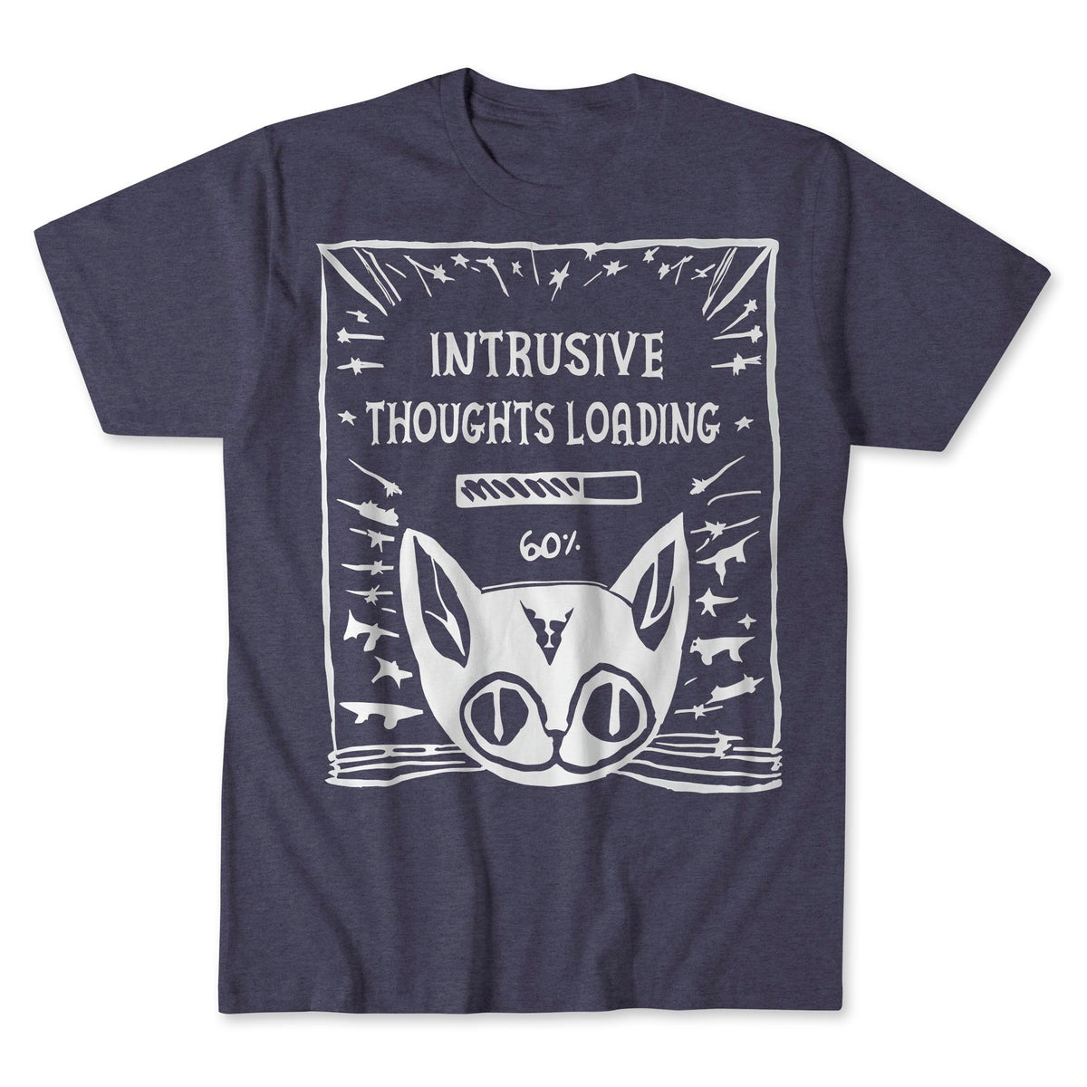 Intrusive Thoughts Loading | Schrödinger's Cat, Mental Health, Absurd Hand-Drawn Lithograph, Weirdcore Graphic Art T-Shirt