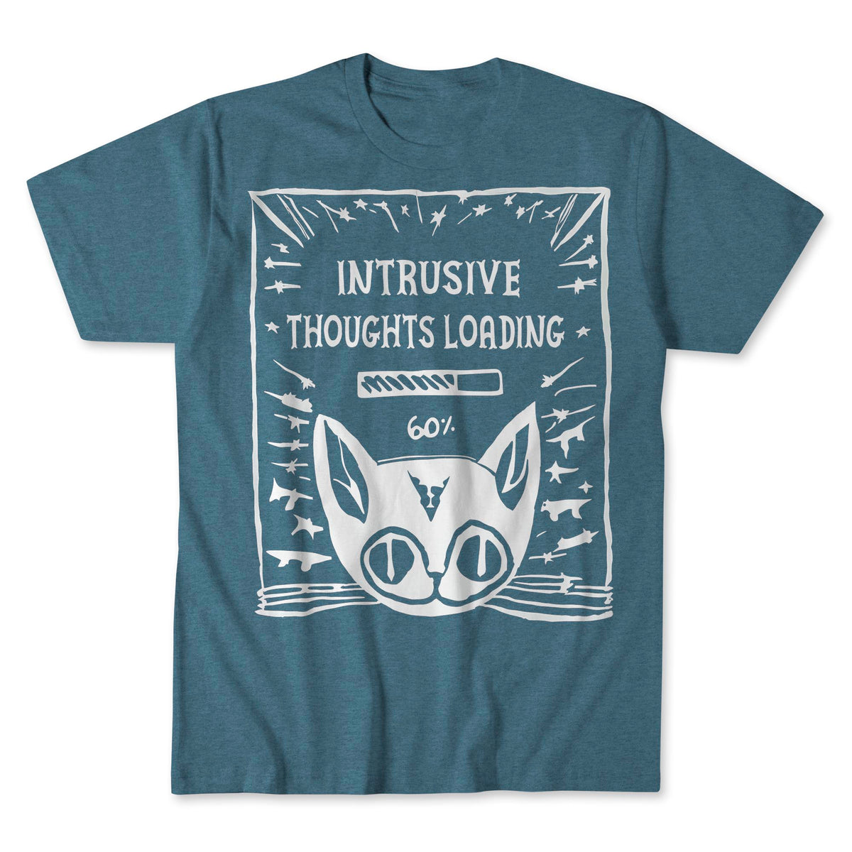 Intrusive Thoughts Loading | Schrödinger's Cat, Mental Health, Absurd Hand-Drawn Lithograph, Weirdcore Graphic Art T-Shirt