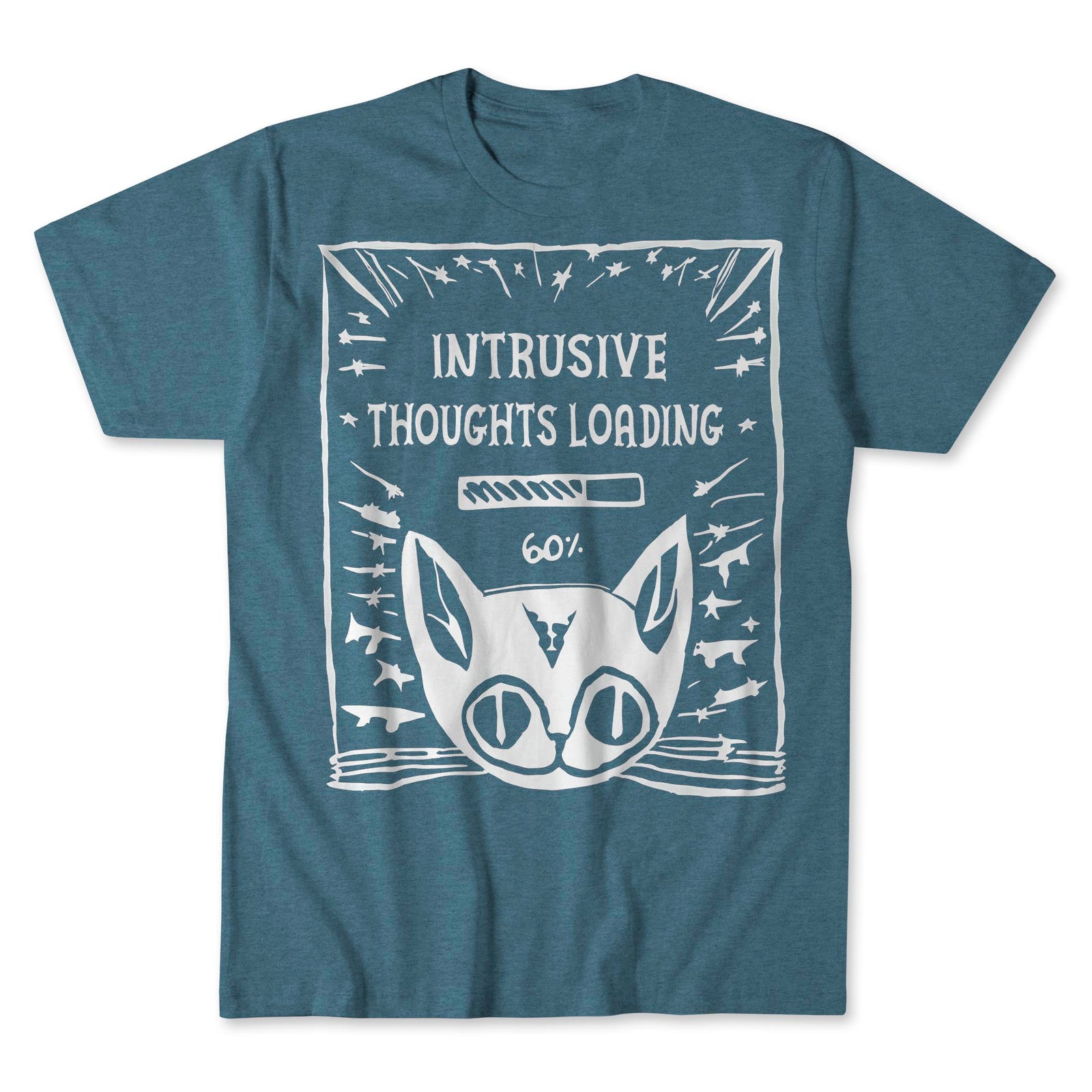 Intrusive Thoughts Loading | Schrödinger's Cat, Mental Health, Absurd Hand-Drawn Lithograph, Weirdcore Graphic Art T-Shirt