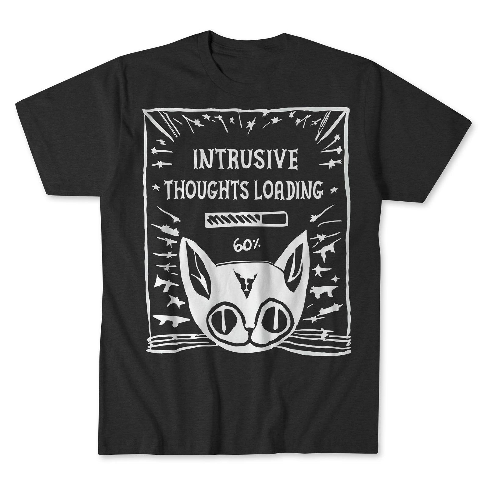 Intrusive Thoughts Loading | Schrödinger's Cat, Mental Health, Absurd Hand-Drawn Lithograph, Weirdcore Graphic Art T-Shirt