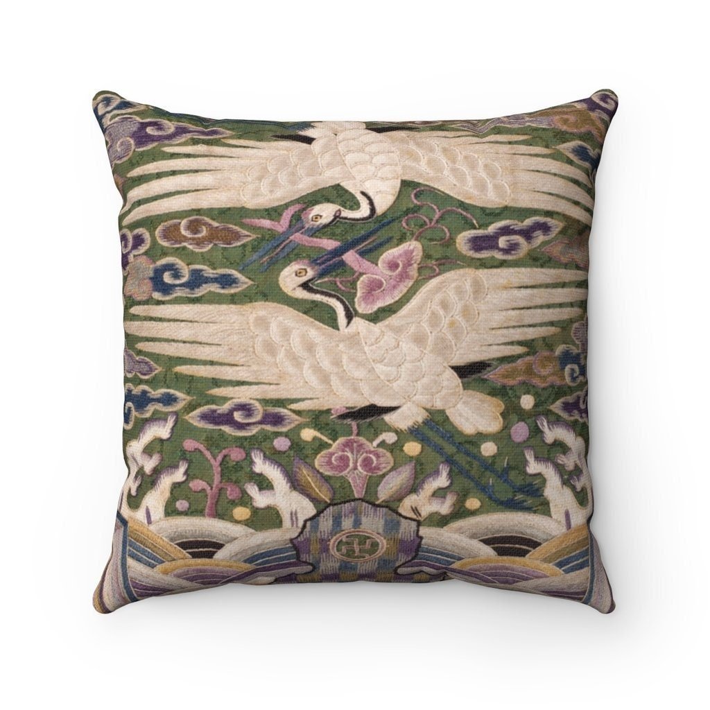 Japanese Heron Tribal Pillows, With Insert - Bird Lovers - Pastel Colors - Swan Art - Asian Accent Decorative Throw Pillow