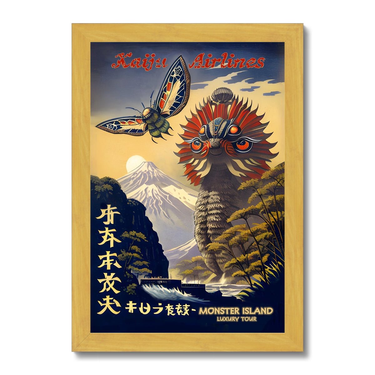 Kaiju Airlines, Monster Island Luxury Tour | Surreal Vintage Travel Poster | Godzilla, Ghidorah, Mothra, Rodan, Gamera Antique Framed Art Print