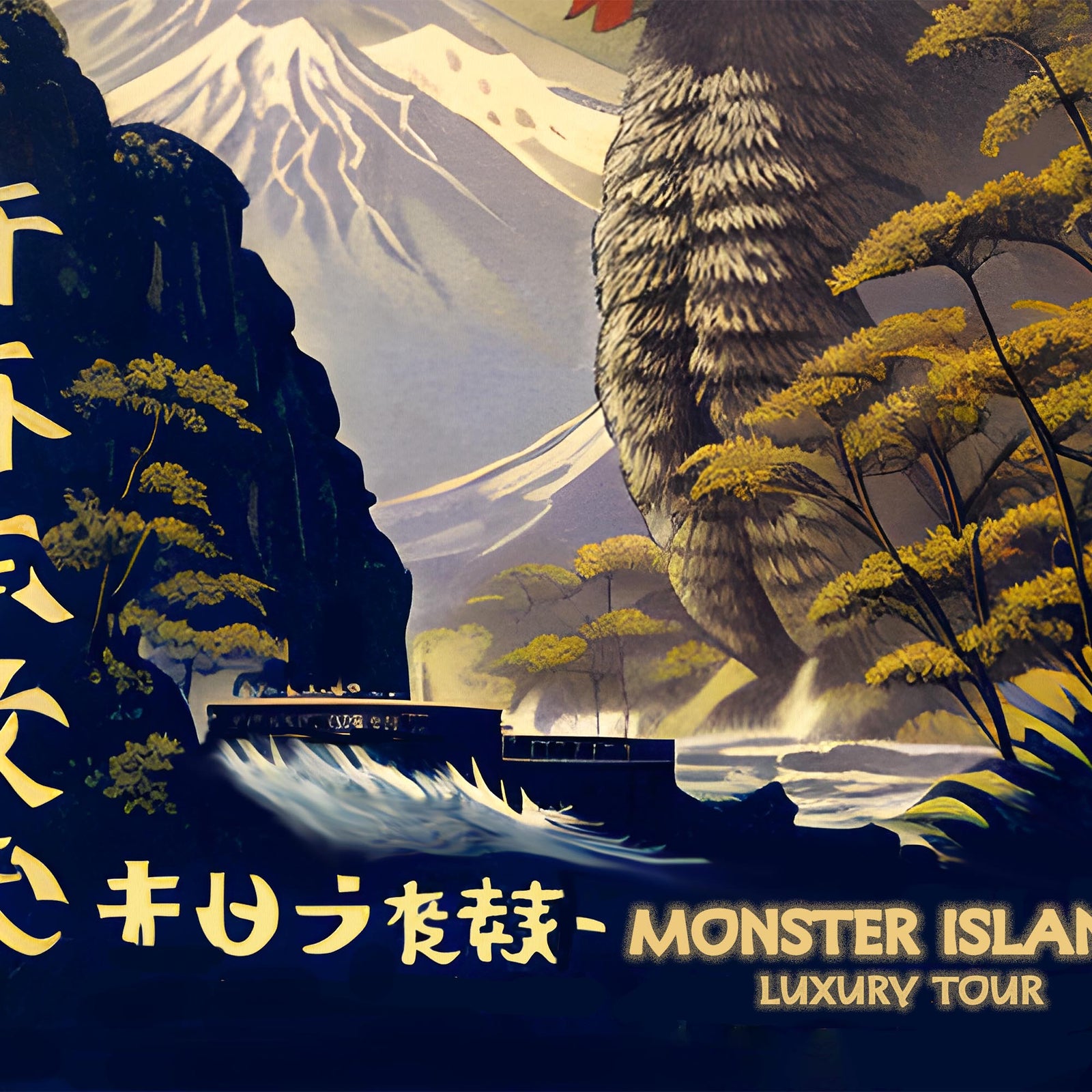 Kaiju Airlines, Monster Island Tour | Surreal Vintage Travel Poster | Godzilla, Ghidorah, Mothra, King Kong, Gamera Fine Art Print