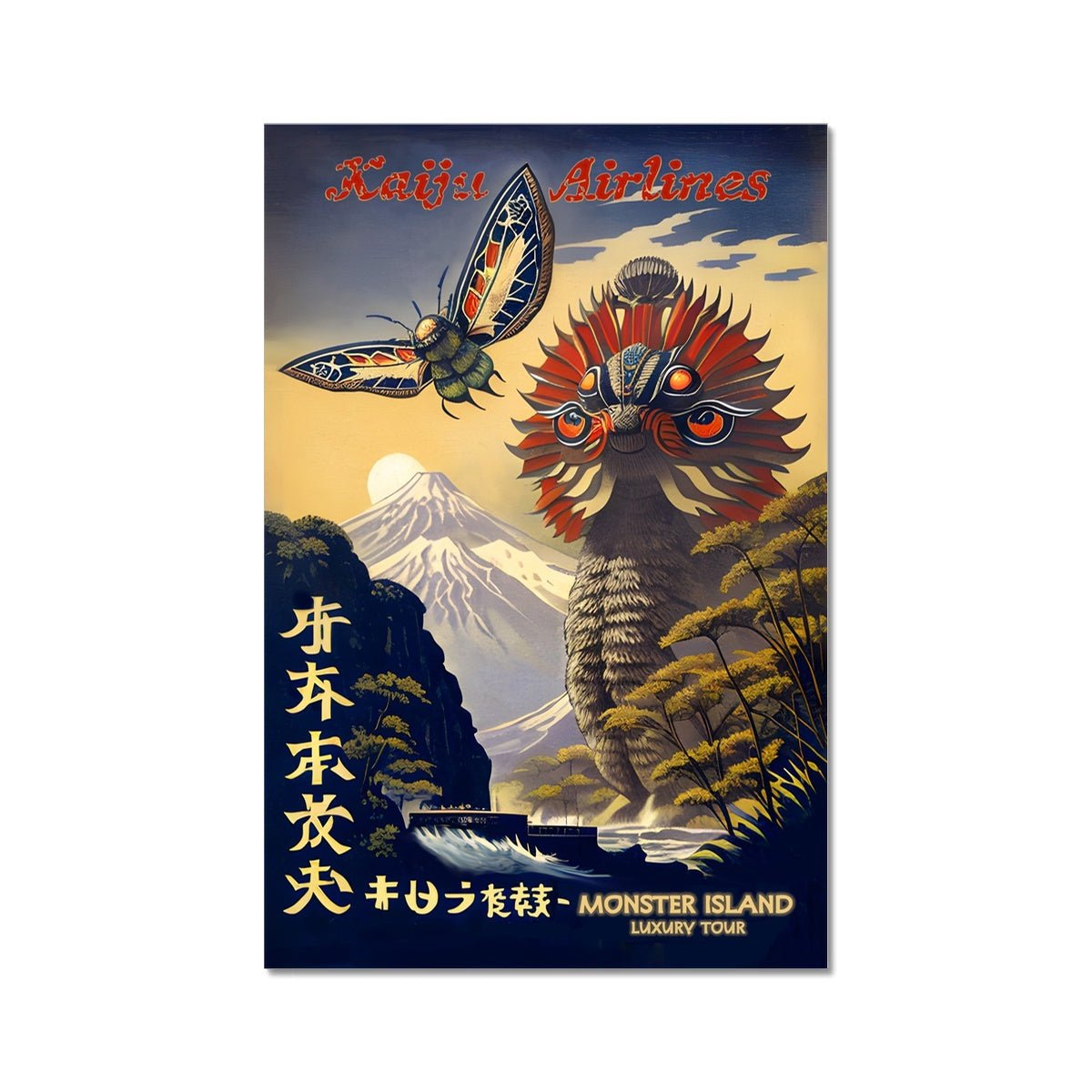 Kaiju Airlines, Monster Island Tour | Surreal Vintage Travel Poster | Godzilla, Ghidorah, Mothra, King Kong, Gamera Fine Art Print