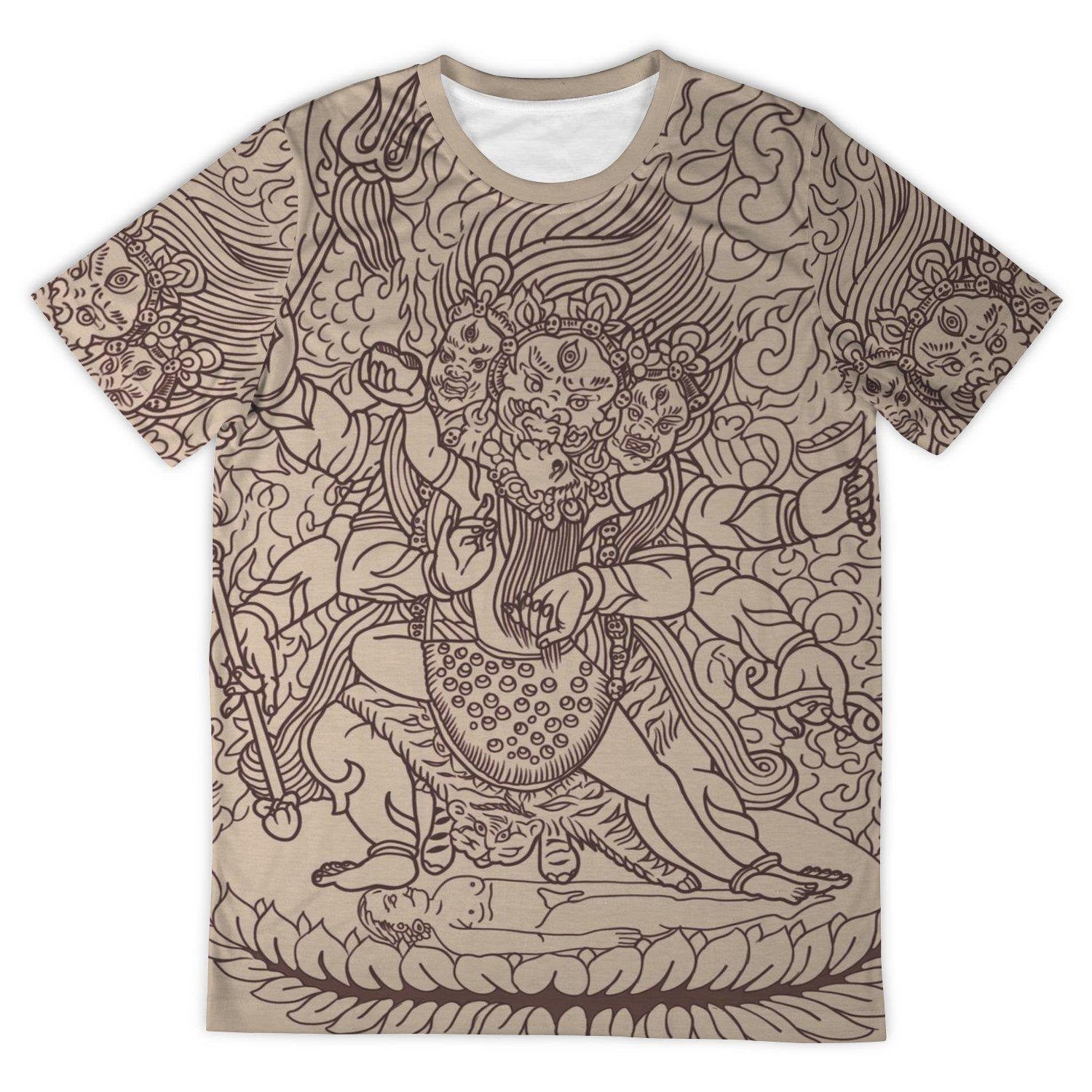 AOP T-Shirt Kali and Mahakala Tibetan Tantric Thangka Vajrayana Vintage T-Shirt