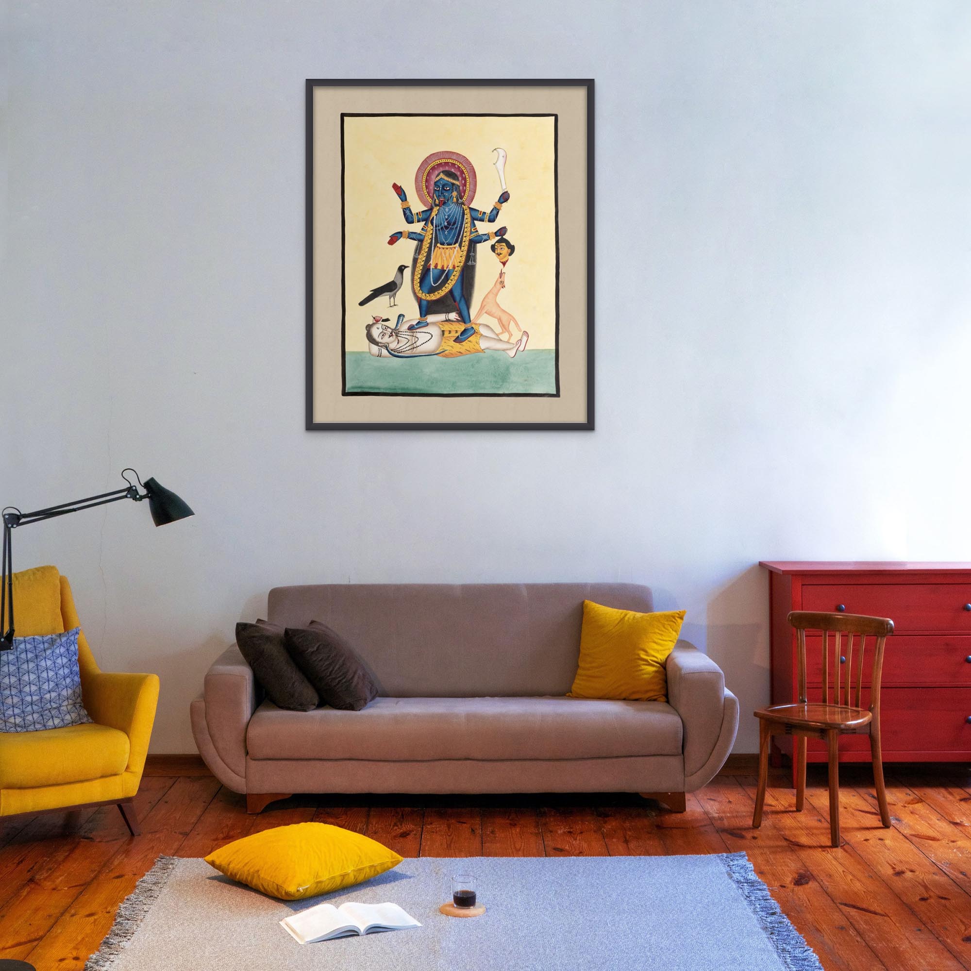 Kali Maa Kalighat 19th Century Folk Art Village Traditional Painting Indian Decor, Vintage Antique Hindu Framed Print