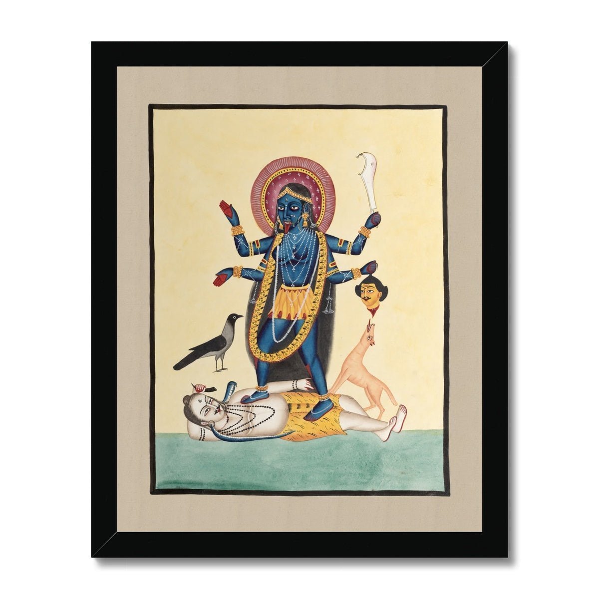 Fine art 11"x14" / Black Frame Kali Maa Kalighat 19th Century Folk Art Village Traditional Painting Indian Decor, Vintage Antique Hindu Framed Print