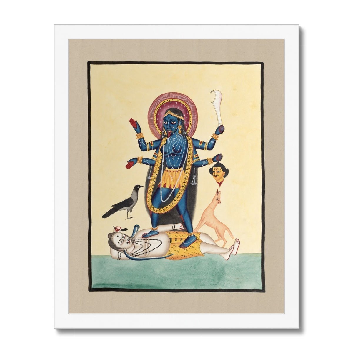 Fine art 11"x14" / White Frame Kali Maa Kalighat 19th Century Folk Art Village Traditional Painting Indian Decor, Vintage Antique Hindu Framed Print