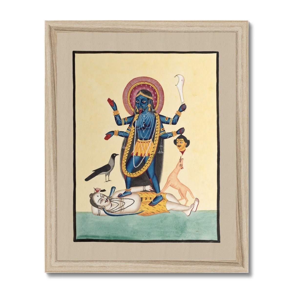 Fine art 11"x14" / Natural Frame Kali Maa Kalighat 19th Century Folk Art Village Traditional Painting Indian Decor, Vintage Antique Hindu Framed Print