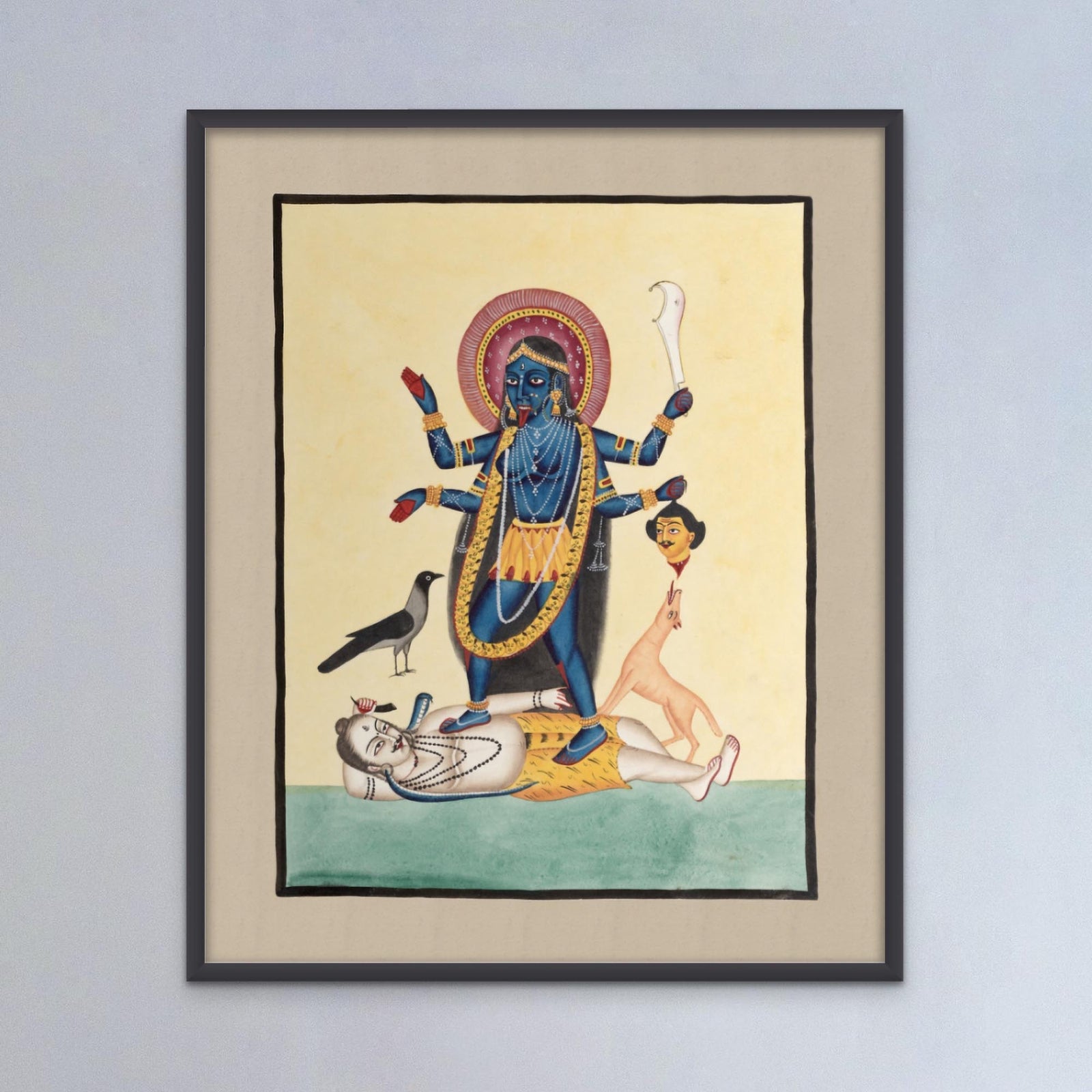 Kali Maa Kalighat 19th Century Folk Art Village Traditional Painting Indian Decor, Vintage Antique Hindu Framed Print