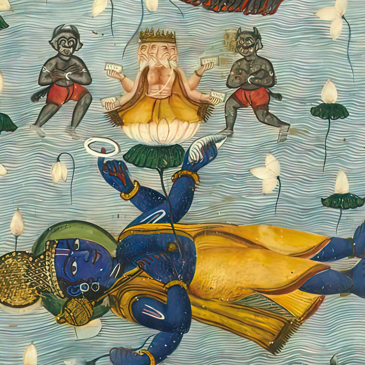 Kali Withdraws from Vishnu, as Brahma Emerges from Sleep, Antique Hindu Graphic T-Shirt Tee