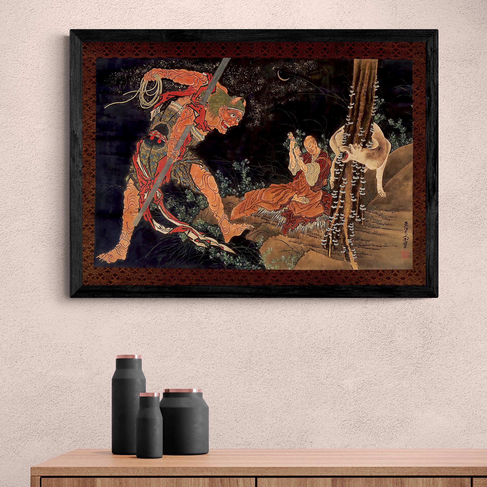 Fine art A4 Landscape / Black Frame Kobo Daishi Practicing the Tantra with the Assistance of a Demon and a Wolf | Katsushika Hokusai Ukiyo-e Framed Art Print