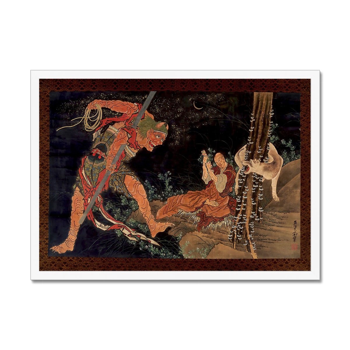 Kobo Daishi Practicing the Tantra with the Assistance of a Demon and a Wolf | Katsushika Hokusai Ukiyo-e Framed Art Print