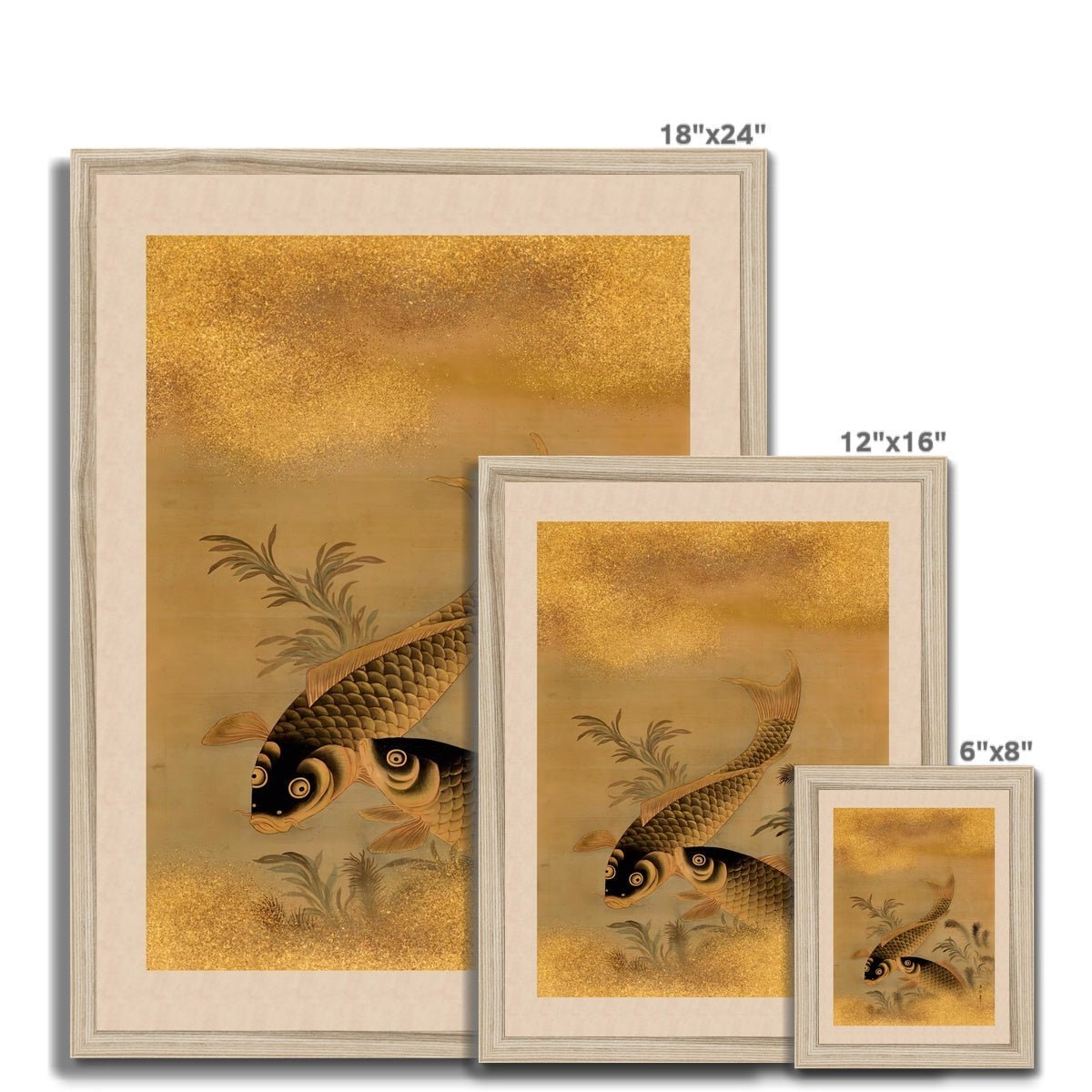 Koi and Water Plants Antique Japanese 19th-Century Zen Scroll Gold Carp Marine Life Aquatic Nature Framed Fine Art Print
