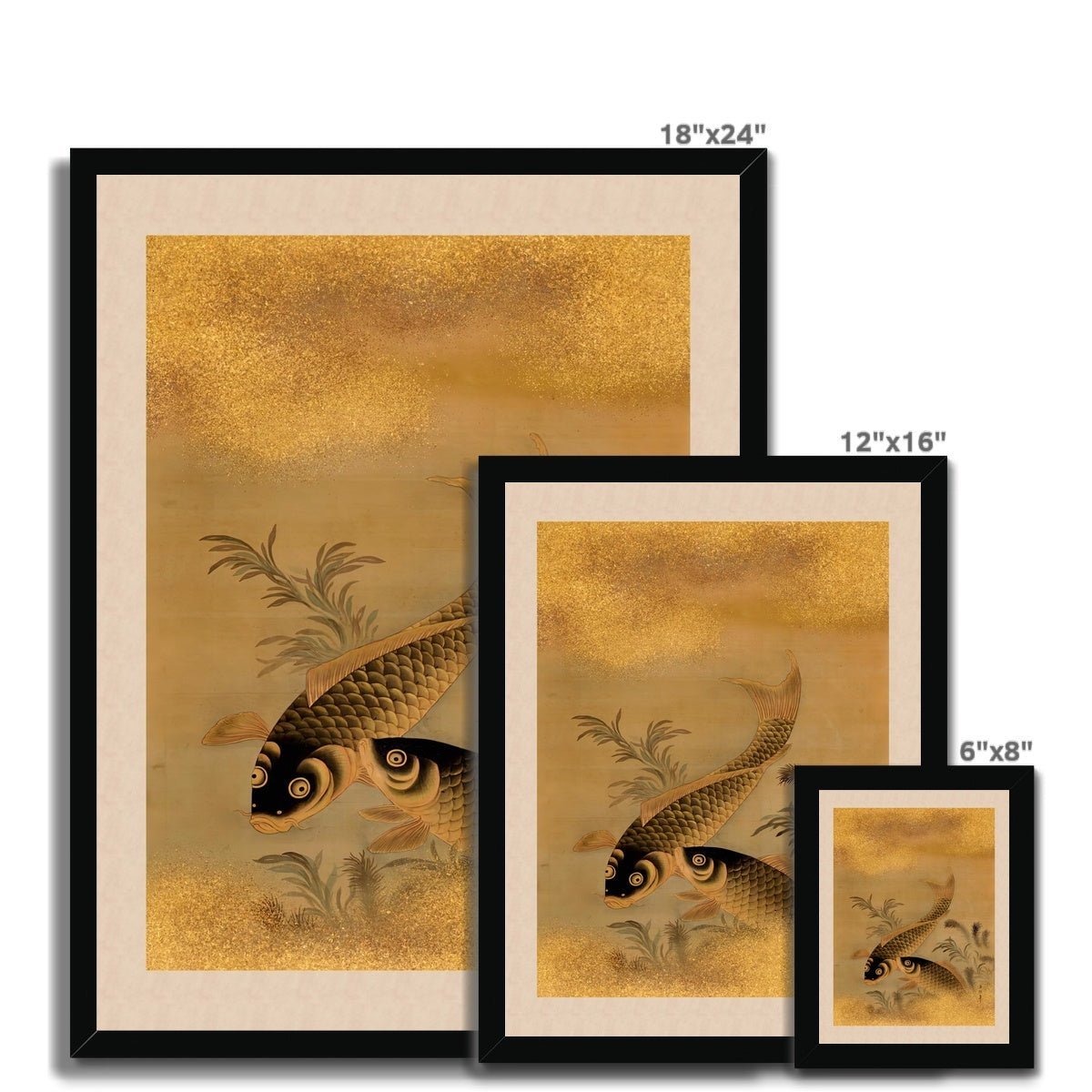 Fine art 6"x8" / Black Frame Koi and Water Plants Antique Japanese 19th-Century Zen Scroll Gold Carp Marine Life Aquatic Nature Framed Fine Art Print