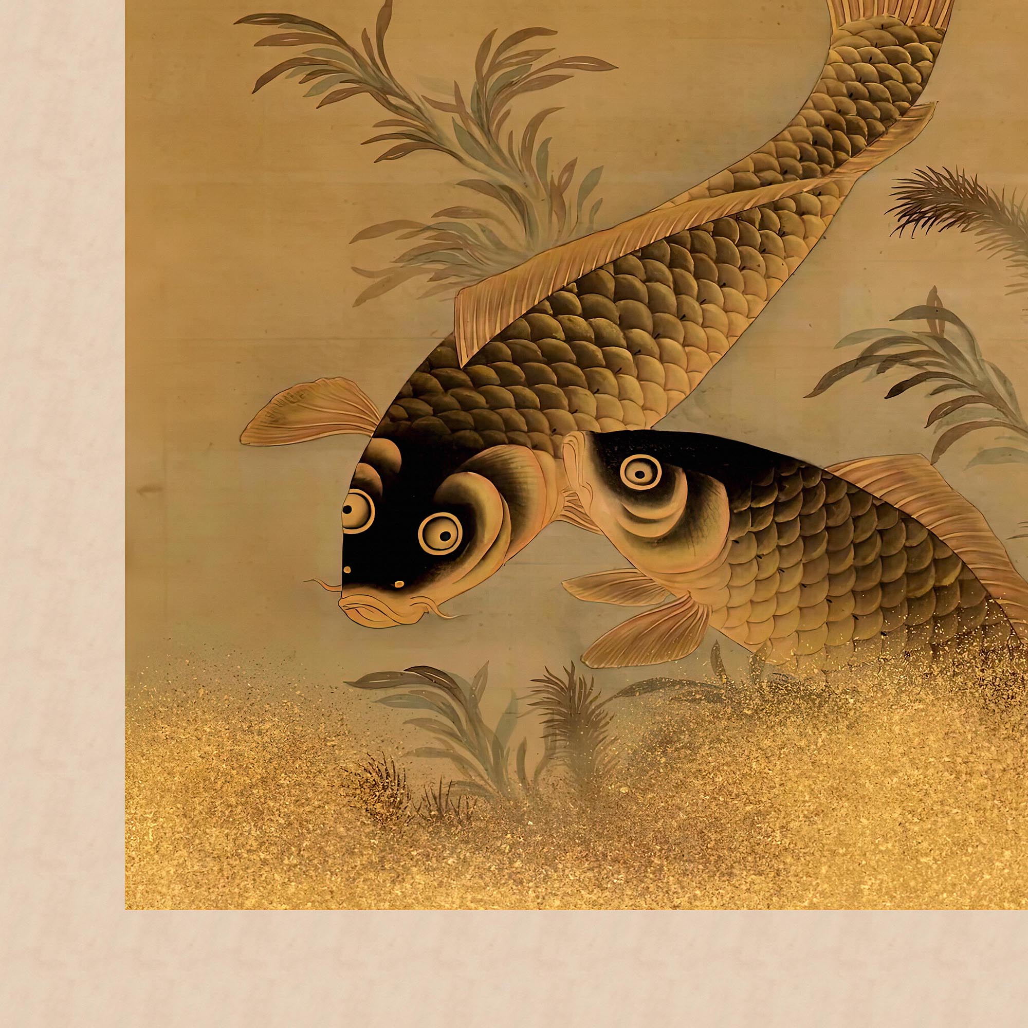 Fine art Koi and Water Plants Antique Japanese 19th-Century Zen Scroll Gold Carp Marine Life Aquatic Nature Framed Fine Art Print