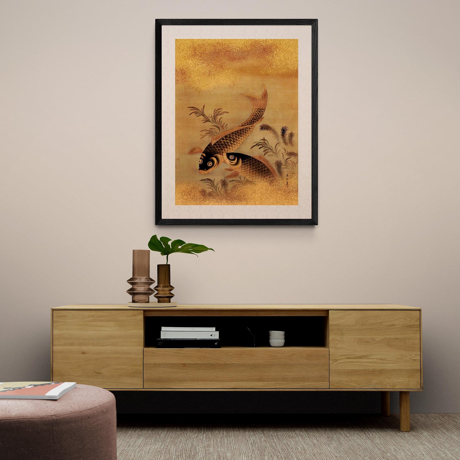 Koi and Water Plants Antique Japanese 19th-Century Zen Scroll Gold Carp Marine Life Aquatic Nature Framed Fine Art Print