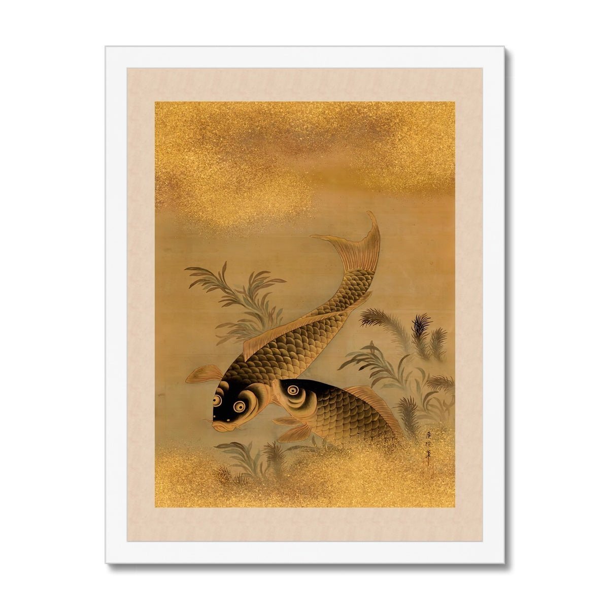 Koi and Water Plants Antique Japanese 19th-Century Zen Scroll Gold Carp Marine Life Aquatic Nature Framed Fine Art Print