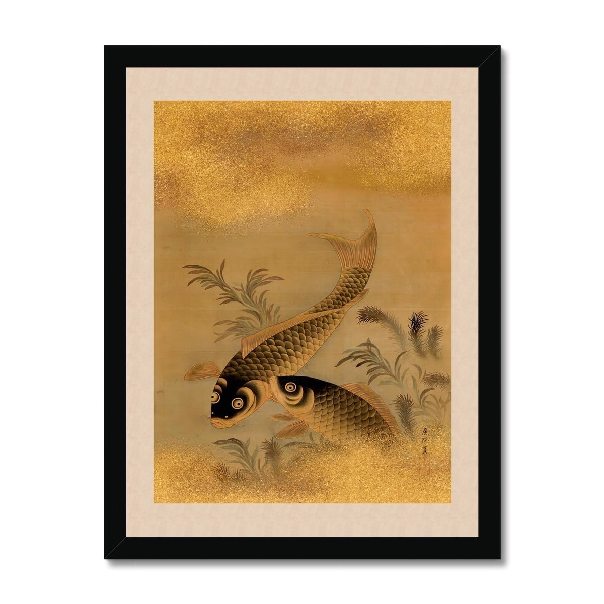 Koi and Water Plants Antique Japanese 19th-Century Zen Scroll Gold Carp Marine Life Aquatic Nature Framed Fine Art Print