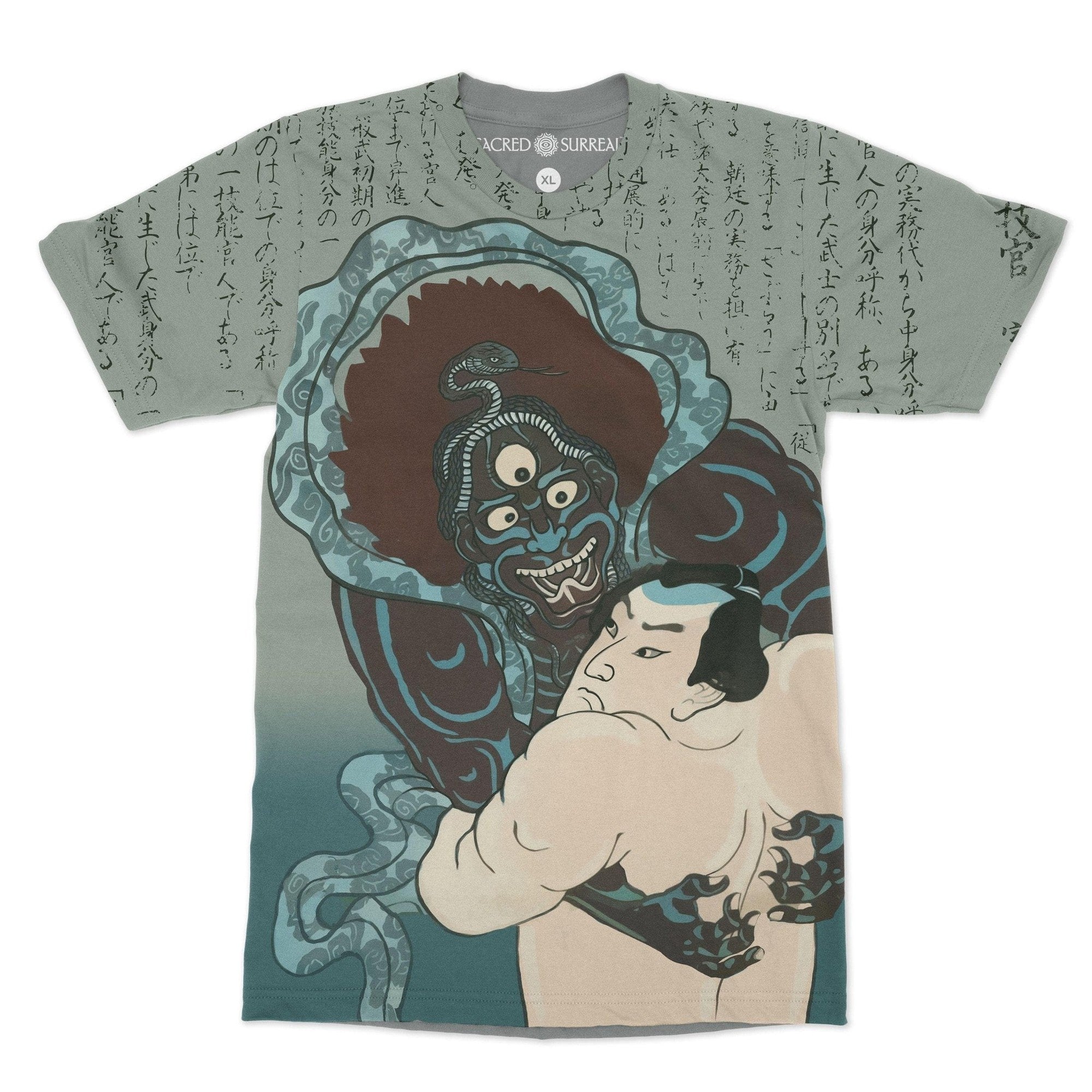 AOP T-Shirt Konjin Chogoro Fighting Against the Blue Monster (Yoshitora Utagawa) Ukiyo-e Yokai Supernatural Japanese Boho Vintage T-Shirt