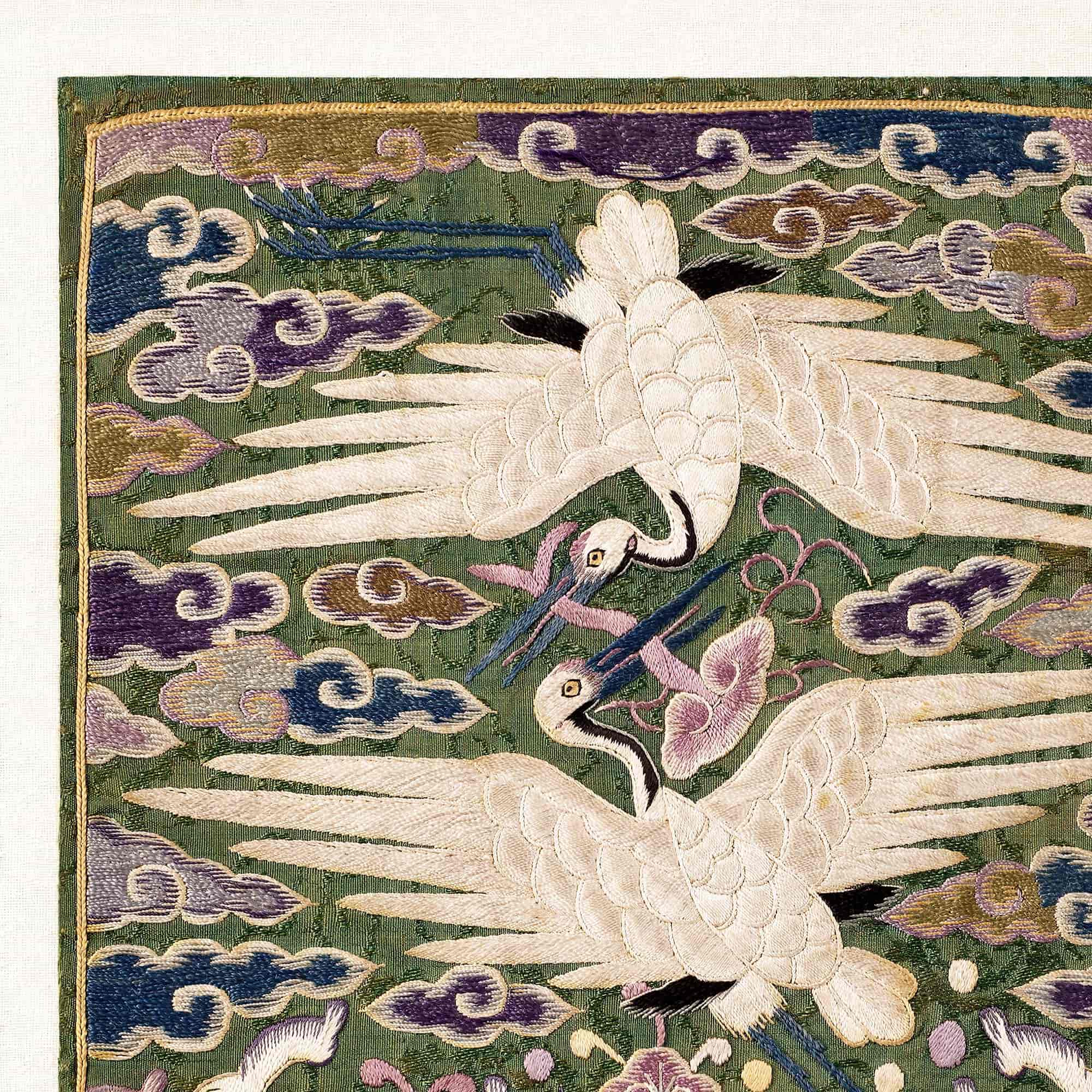 Korean Double Cranes, Silk Swans, Traditional Hyungbae Textile Design, Bird Lover Fine Art Print w Thangka Hanger