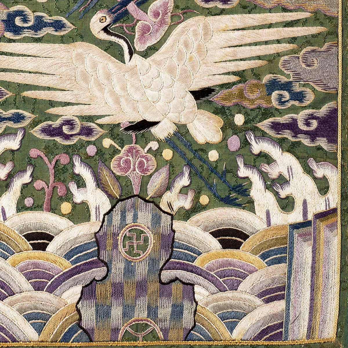 Korean Double Cranes, Silk Swans, Traditional Hyungbae Textile Design, Bird Lover Fine Art Print w Thangka Hanger