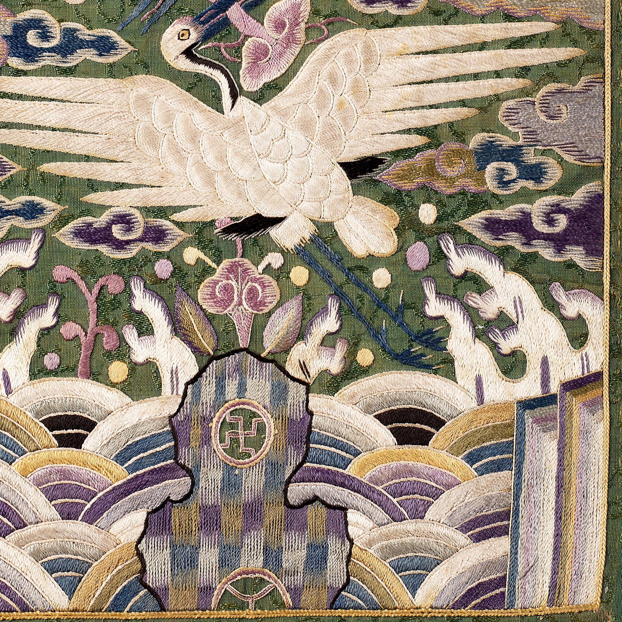Fine art Korean Double Cranes, Silk Swans, Traditional Hyungbae Textile Design, Bird Lover Fine Art Print w Thangka Hanger