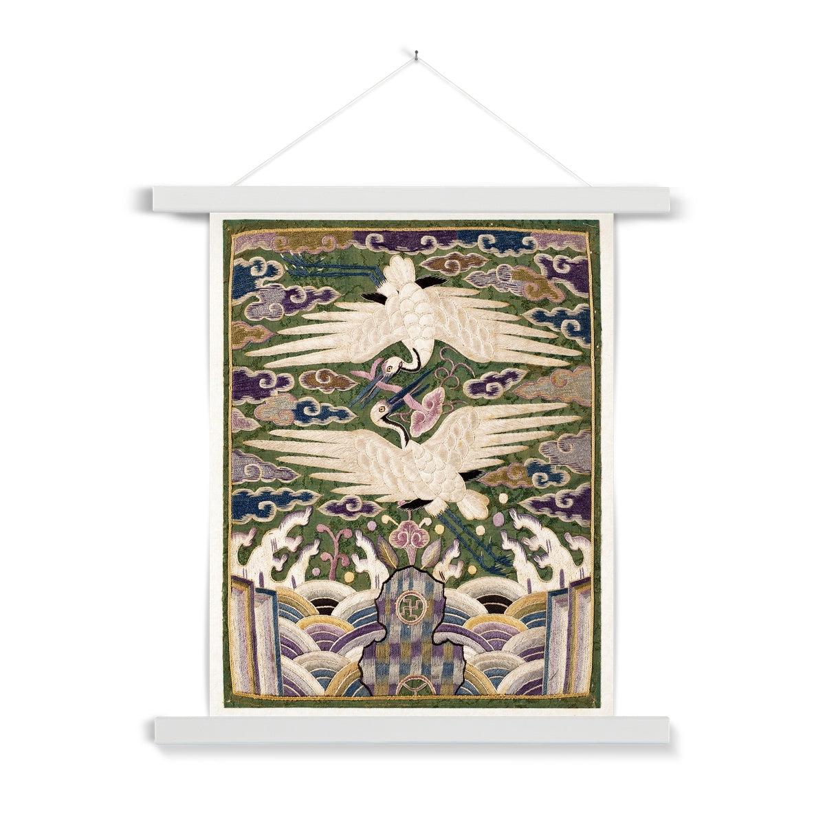 Korean Double Cranes, Silk Swans, Traditional Hyungbae Textile Design, Bird Lover Fine Art Print w Thangka Hanger