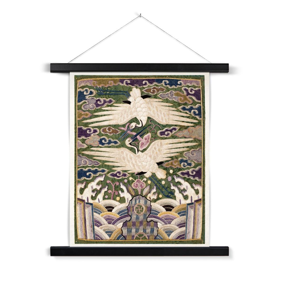 Korean Double Cranes, Silk Swans, Traditional Hyungbae Textile Design, Bird Lover Fine Art Print w Thangka Hanger