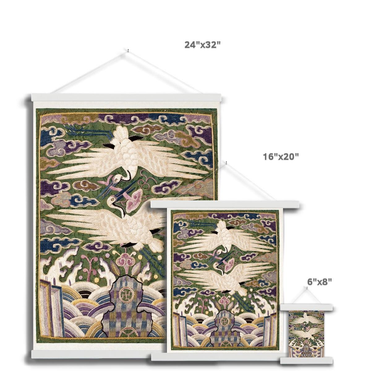 Fine art Korean Double Cranes, Silk Swans, Traditional Hyungbae Textile Design, Bird Lover Fine Art Print w Thangka Hanger