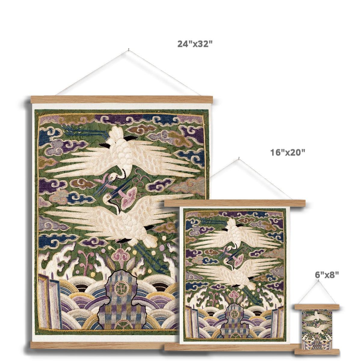 Korean Double Cranes, Silk Swans, Traditional Hyungbae Textile Design, Bird Lover Fine Art Print w Thangka Hanger