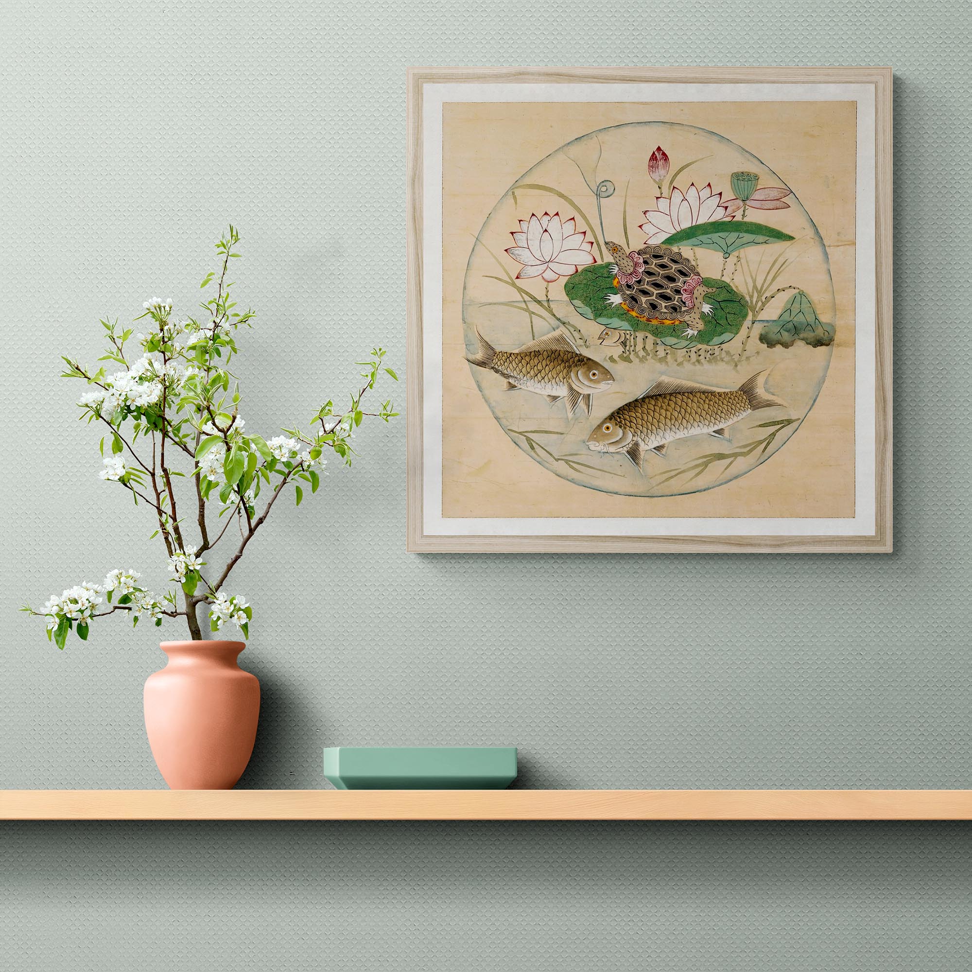 Fine art 12"x12" / Black Frame Korean Lotus and Fish in Rondel, 19th-Century Mythology | Zen Buddhist Aquatic Sea Nature Framed Art Print