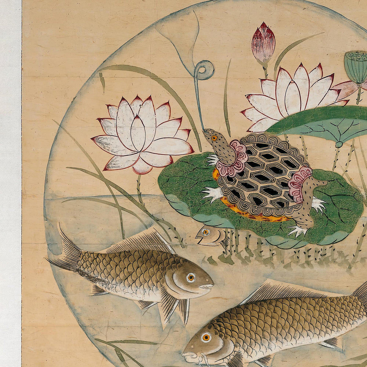Korean Lotus and Fish in Rondel, 19th-Century Mythology | Zen Buddhist Aquatic Sea Nature Framed Art Print
