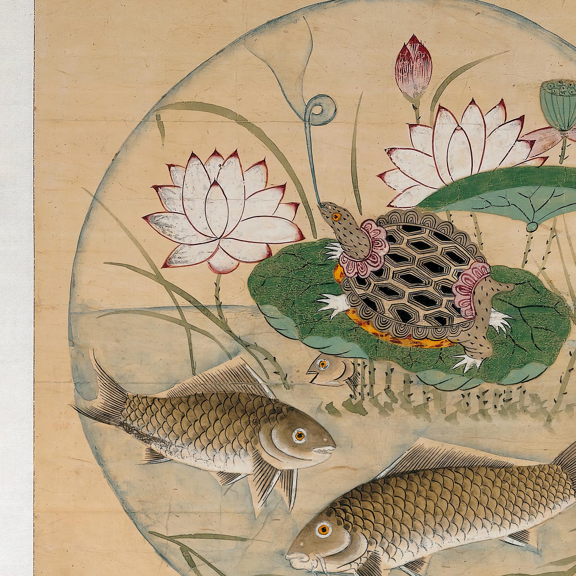 Fine art Korean Lotus and Fish in Rondel, 19th-Century Mythology | Zen Buddhist Aquatic Sea Nature Framed Art Print