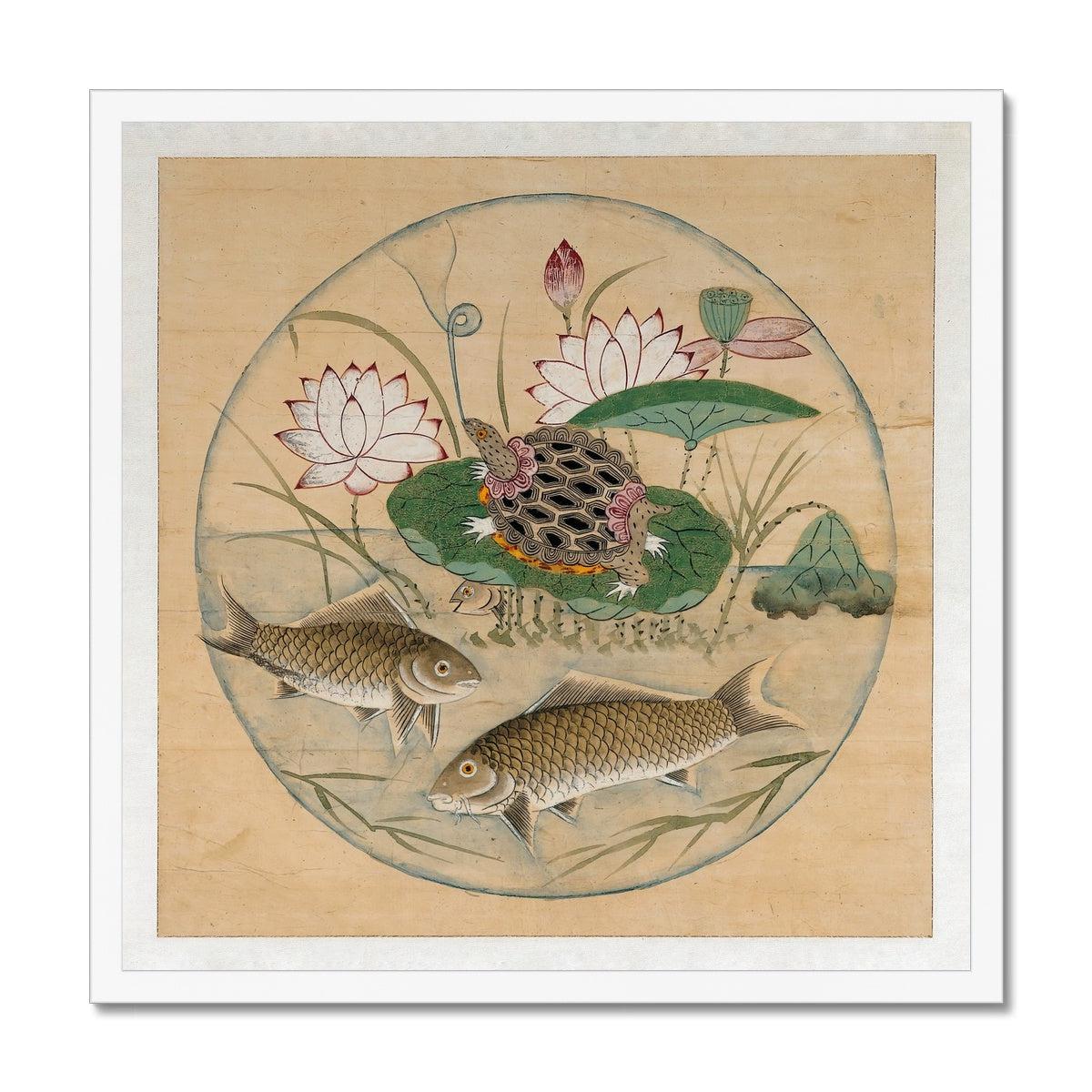 Fine art Korean Lotus and Fish in Rondel, 19th-Century Mythology | Zen Buddhist Aquatic Sea Nature Framed Art Print