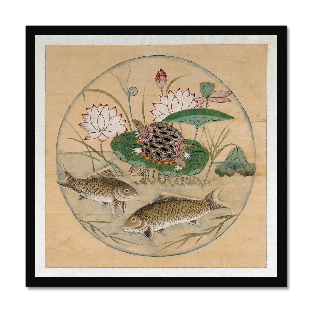 Korean Lotus and Fish in Rondel, 19th-Century Mythology | Zen Buddhist Aquatic Sea Nature Framed Art Print
