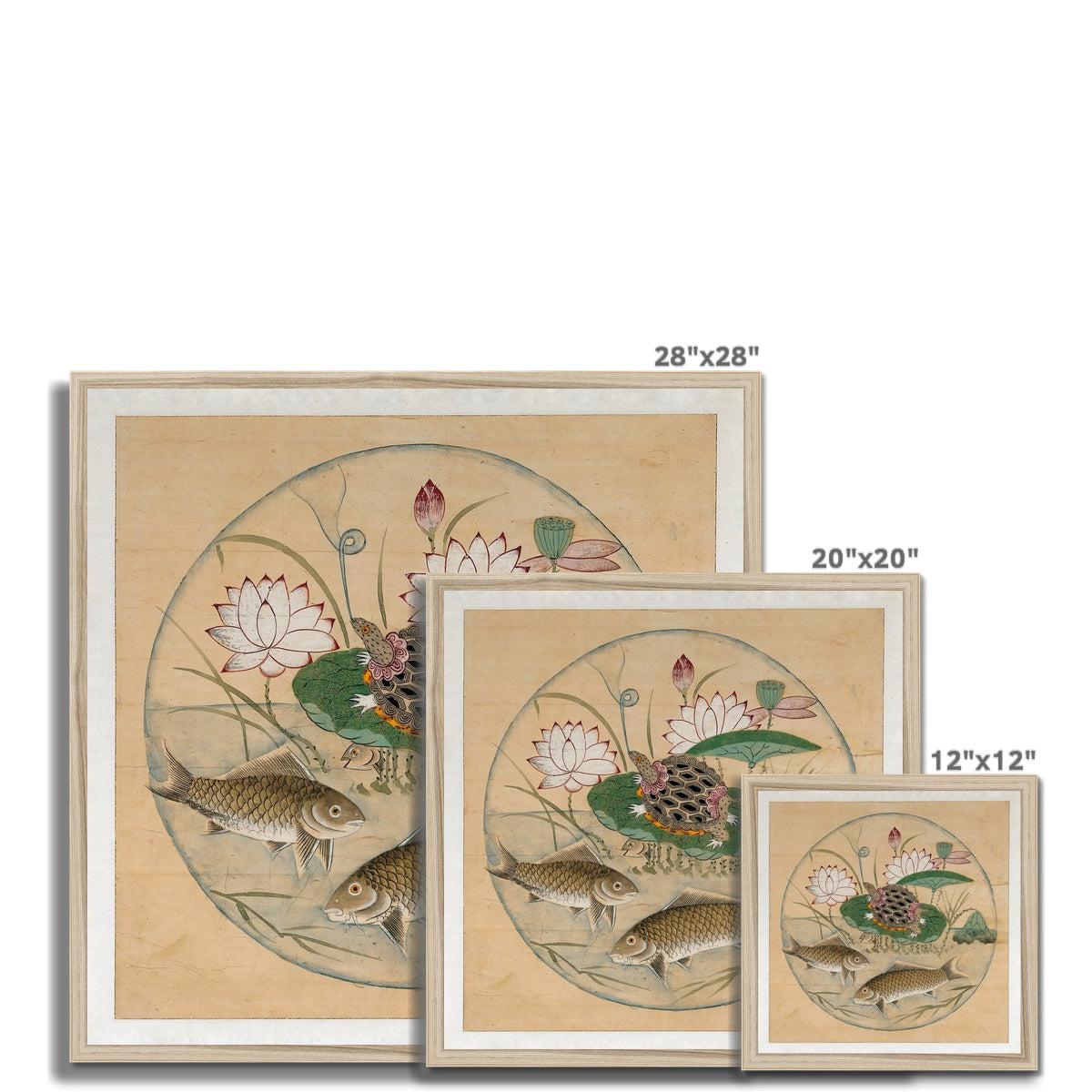 Fine art Korean Lotus and Fish in Rondel, 19th-Century Mythology | Zen Buddhist Aquatic Sea Nature Framed Art Print