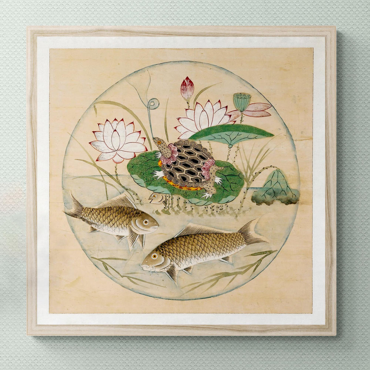 Fine art 12&quot;x12&quot; / Black Frame Korean Lotus and Fish in Rondel, 19th-Century Mythology | Zen Buddhist Aquatic Sea Nature Framed Art Print