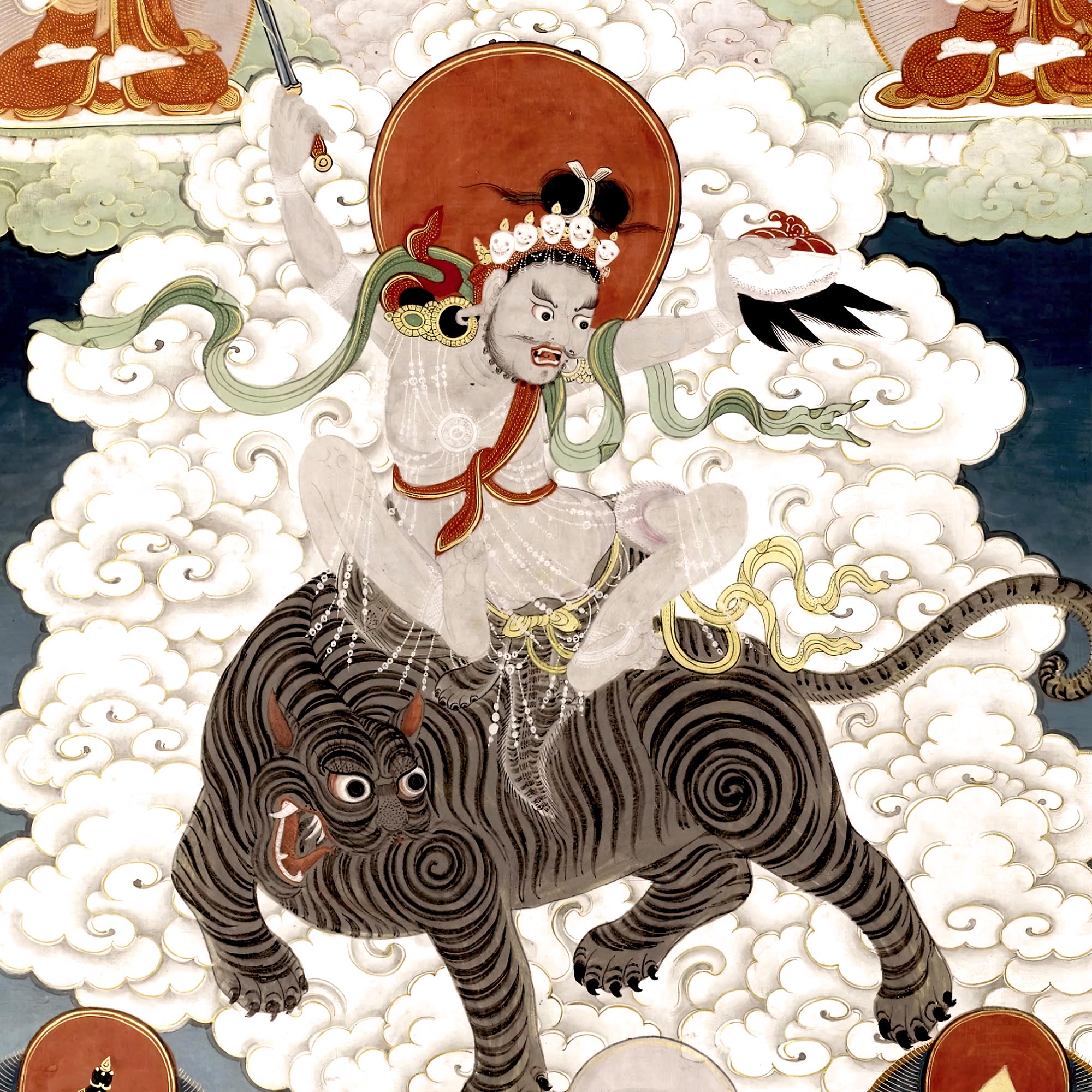 Hangar Thangka Korean Manjusri Wielding A Flaming Sword, Riding a Tiger | Buddhist Fine Art Print with Hangar