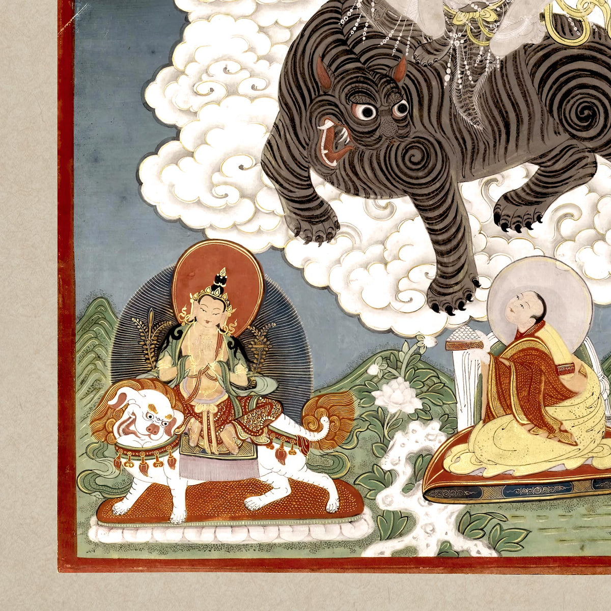 Korean Manjusri Wielding A Flaming Sword, Riding a Tiger | Buddhist Fine Art Print with Hangar