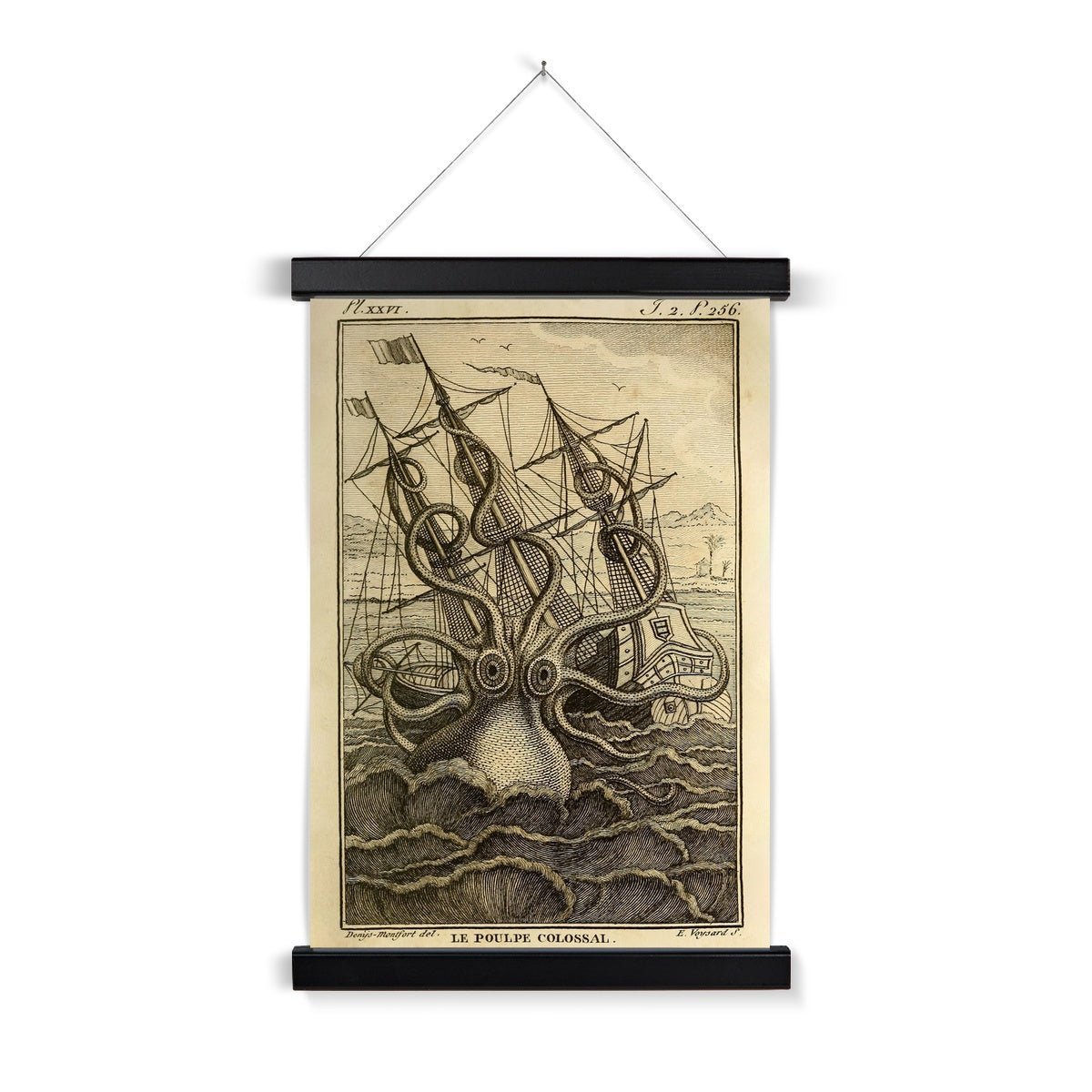Fine art A4 Portrait / Black Frame Kraken Attacking Schooner | Loki's Sea Monster | Norse Mytholoy | Gift for Him | Fine Art Print with Hanger