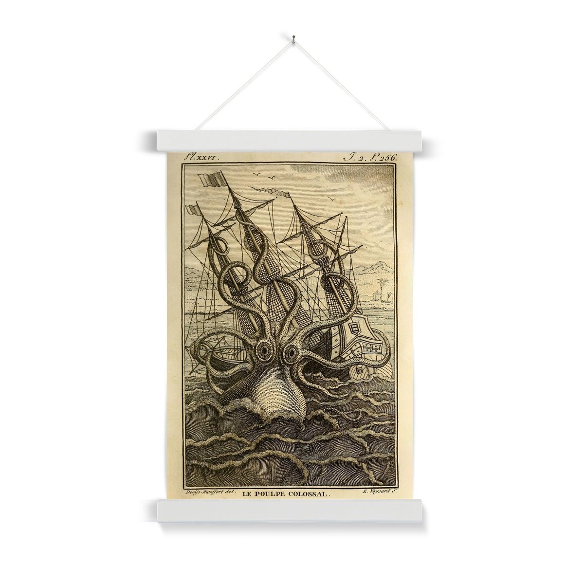 Fine art A4 Portrait / White Frame Kraken Attacking Schooner | Loki's Sea Monster | Norse Mytholoy | Gift for Him | Fine Art Print with Hanger
