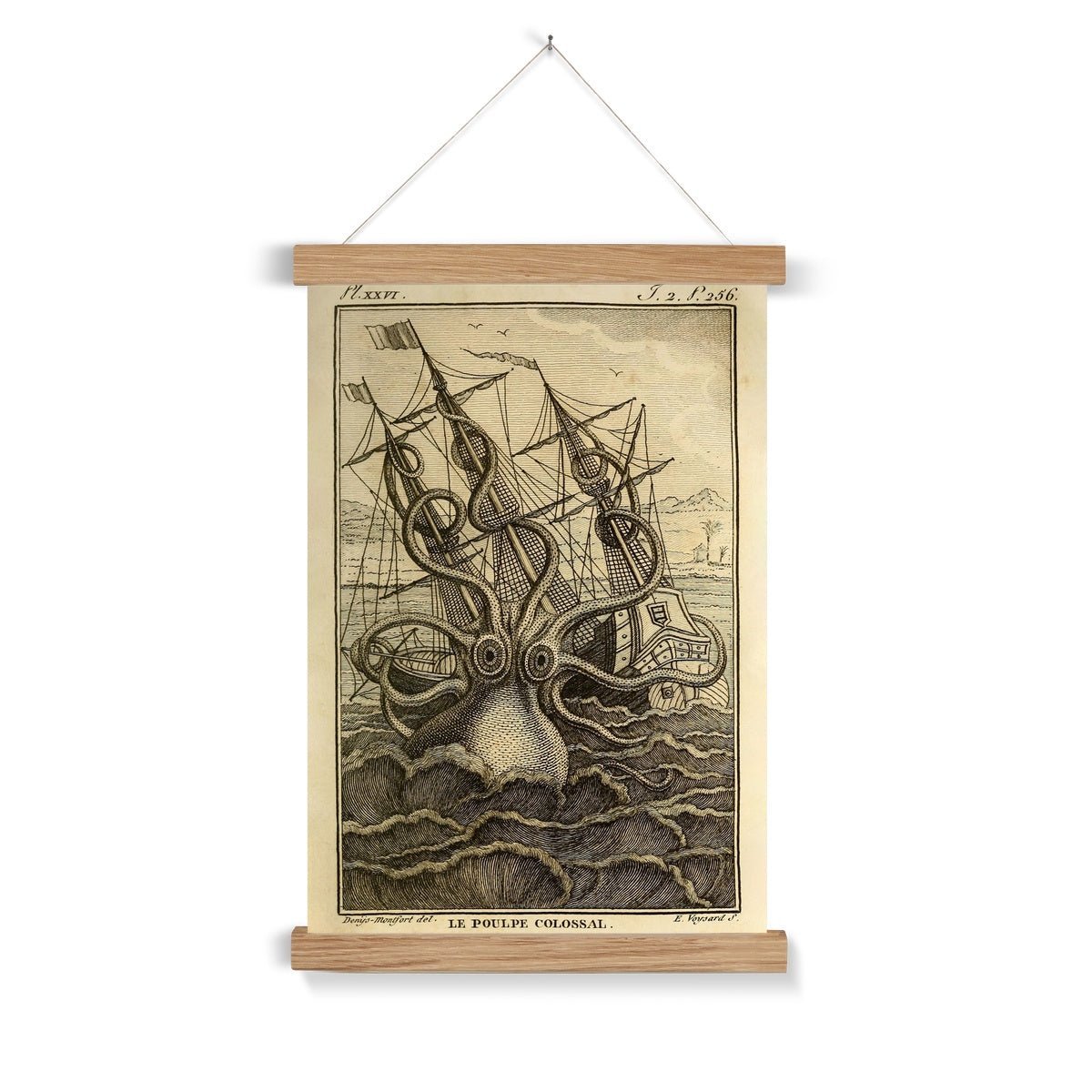 Fine art A4 Portrait / Natural Frame Kraken Attacking Schooner | Loki's Sea Monster | Norse Mytholoy | Gift for Him | Fine Art Print with Hanger