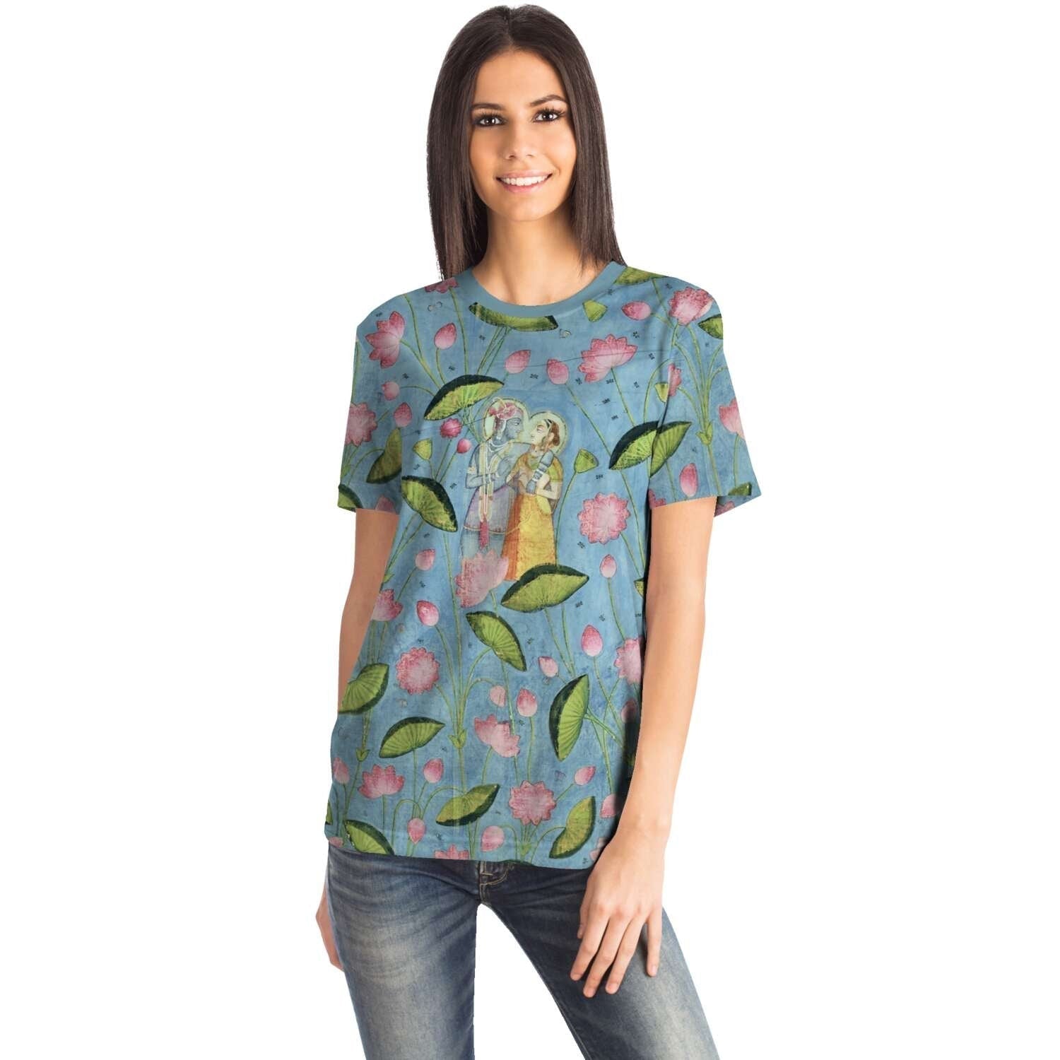 Krishna and Radha Among Lotuses | 19th-Century Indian Watercolor | Love, Devotion, Compassion | Hindu, Vedic Vintage Graphic T-Shirt Tee
