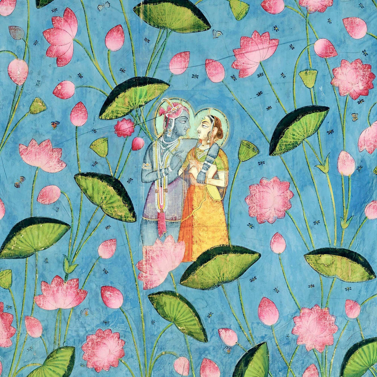Krishna and Radha Among Lotuses | 19th-Century Indian Watercolor | Love, Devotion, Compassion | Hindu, Vedic Vintage Graphic T-Shirt Tee
