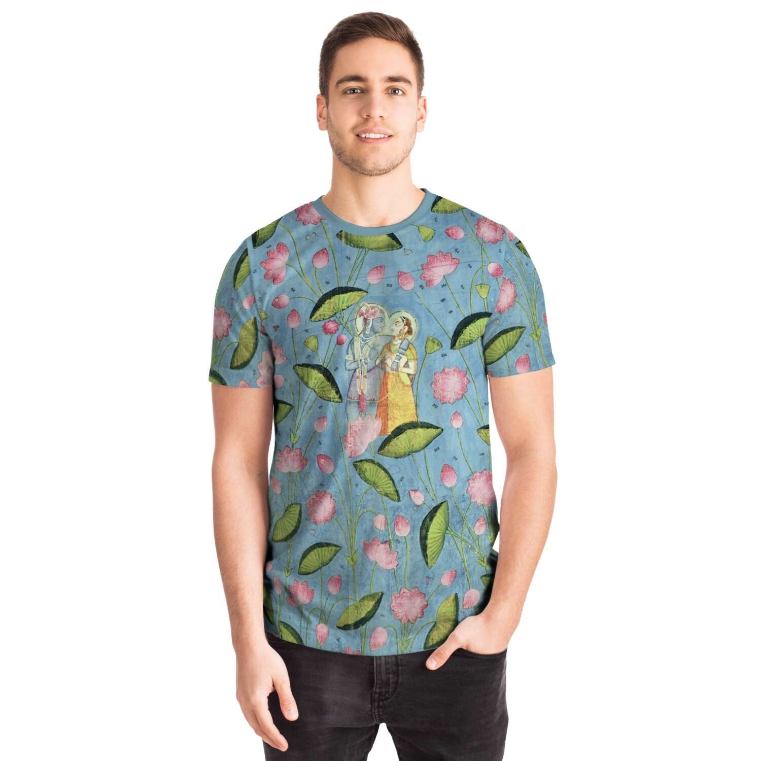 Krishna and Radha Among Lotuses | 19th-Century Indian Watercolor | Love, Devotion, Compassion | Hindu, Vedic Vintage Graphic T-Shirt Tee