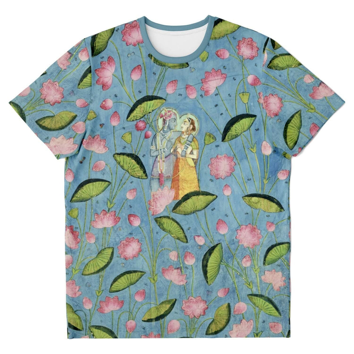 Krishna and Radha Among Lotuses | 19th-Century Indian Watercolor | Love, Devotion, Compassion | Hindu, Vedic Vintage Graphic T-Shirt Tee