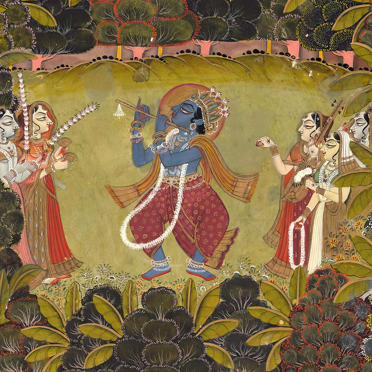 Krishna Playing the Flute for the Gopis | Divine Love, Spiritual Apparel | Vintage Indian Folklore Graphic Art T-Shirt